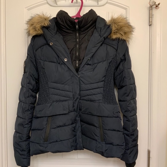 [SUPERDRY] black waterproof down jacket faux fur women size 8 (M) feather parka - Picture 11 of 11